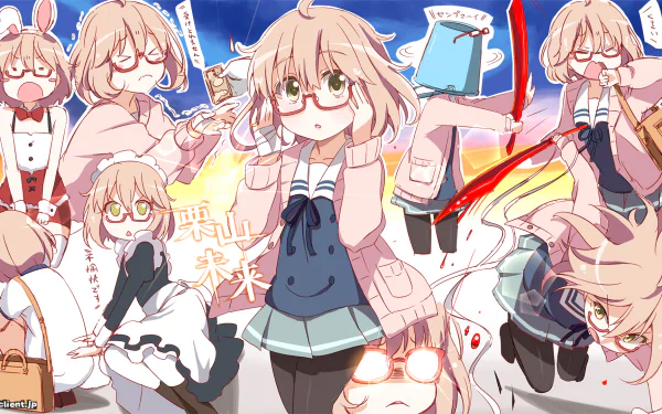 A vibrant HD wallpaper featuring Mirai Kuriyama from the anime Beyond the Boundary, showcasing her in various dynamic poses and expressions, combining action and charm.