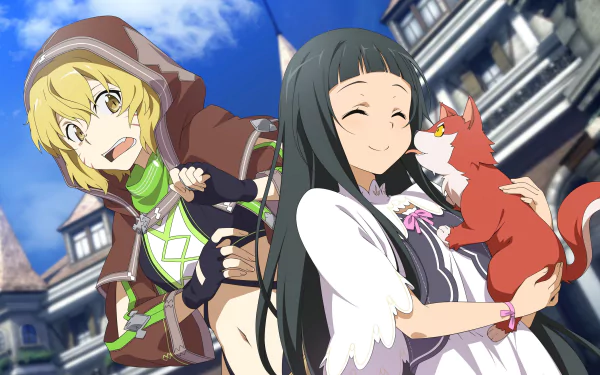 A vibrant 4K Ultra HD wallpaper featuring Argo and Yui from Sword Art Online, showcasing their playful expressions and a cute fox in a colorful anime backdrop.