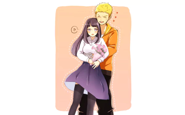 Naruto Uzumaki and Hinata Hyuga share a sweet moment in this HD anime wallpaper, showcasing their affection with a bouquet of flowers amidst a charming backdrop.