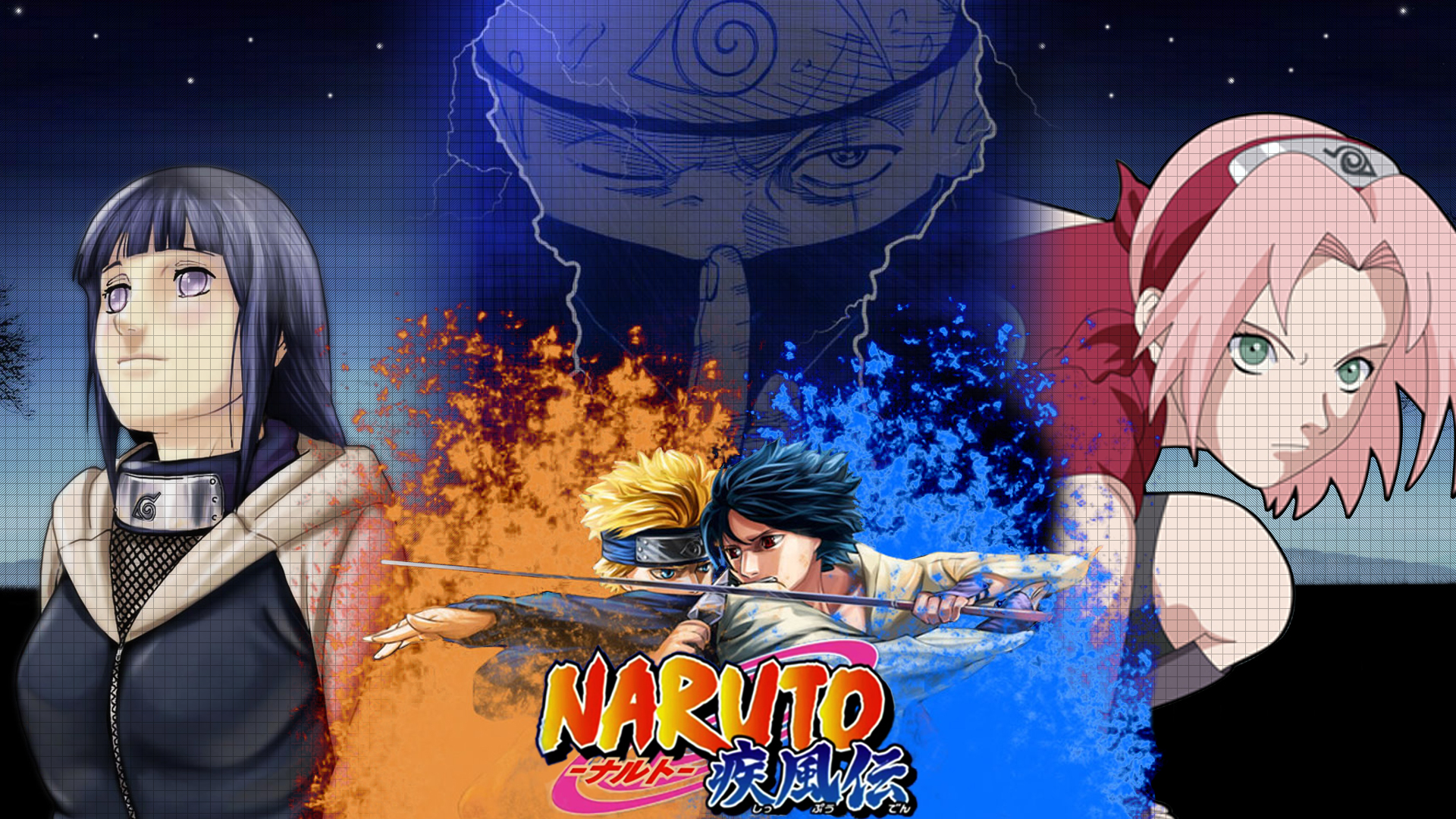 Naruto and his friends, including Kakashi, Sakura, Sasuke, and Hinata, with Sharingan.