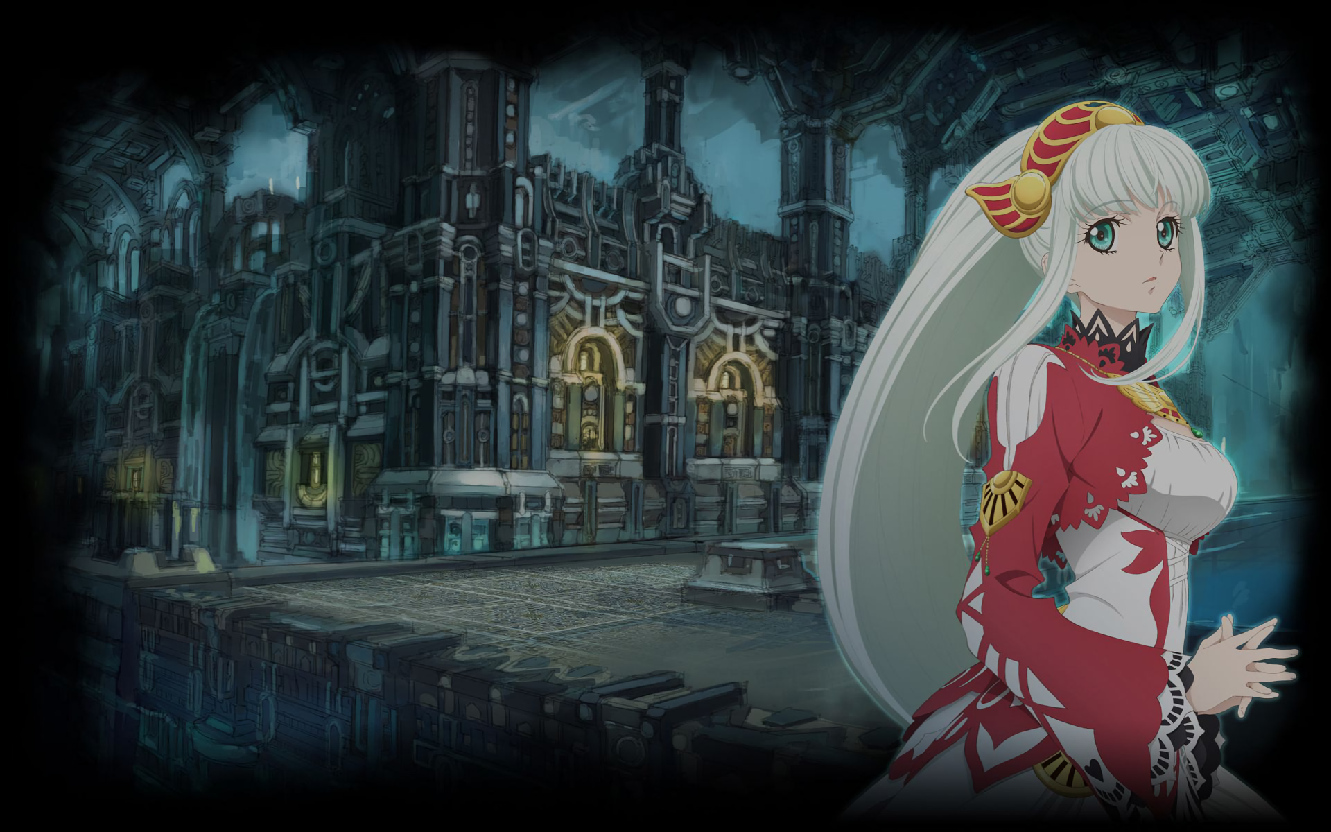 HD PC desktop wallpaper featuring Lailah from Tales of Zestiria the X, showcasing her in detailed anime style against a dark, intricate architectural background.