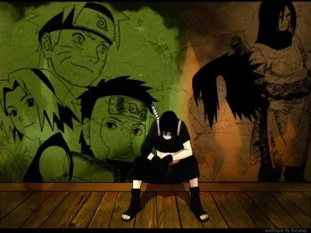 HD Naruto-themed wallpaper featuring Sai, Orochimaru, Sasuke Uchiha, Yamato, Sakura Haruno, and Naruto Uzumaki. Sasuke is in the foreground with background sketches of the other characters.