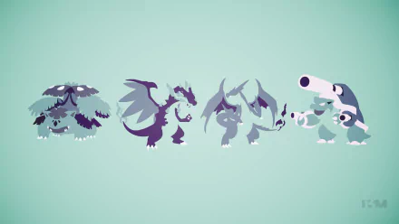 A vibrant HD wallpaper featuring Mega Blastoise, Mega Venusaur, Mega Charizard Y, Mega Charizard X, Blastoise, Charizard, and Venusaur from Pokémon in an anime style.