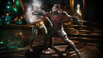 An intense moment from the video game Injustice 2, featuring Aquaman and Deadshot engaged in battle, set against a vibrant, cinematic background.