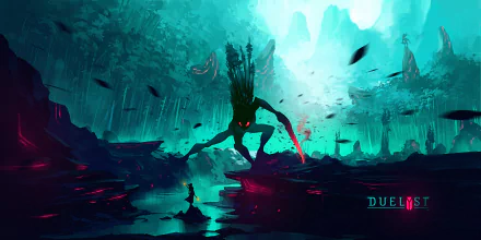 HD PC desktop wallpaper from the video game Duelyst, featuring a dark, towering creature with glowing red eyes in an eerie, blue-lit landscape.