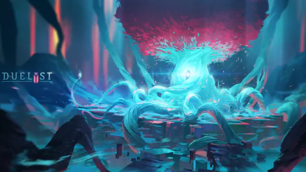 HD PC desktop wallpaper featuring vibrant, mystical blue and red artwork from the video game Duelyst.
