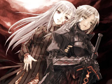HD desktop wallpaper featuring Sakura Matou and Saber Alter from Fate/Stay Night. The anime characters are depicted in a dramatic scene with dark tones and intricate details.