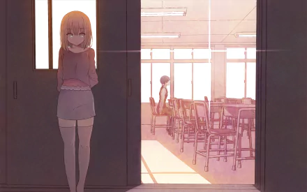 HD PC desktop wallpaper featuring a warm, softly lit anime scene from Tamako Market with a girl standing by a classroom door and another sitting inside.