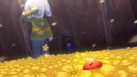 HD desktop wallpaper featuring Asriel and Frisk from the video game Undertale, standing in a field of yellow flowers with a red heart-shaped object on the ground.