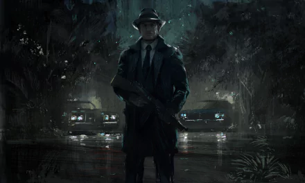 A dark, atmospheric scene from Mafia III, featuring a man in a trench coat and fedora, holding a gun, with vintage cars illuminated in the background. 4K Ultra HD wallpaper.