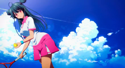 Ruru from Myriad Colors Phantom World plays tennis against a vibrant blue sky filled with fluffy clouds. This HD wallpaper captures her dynamic pose and colorful attire.