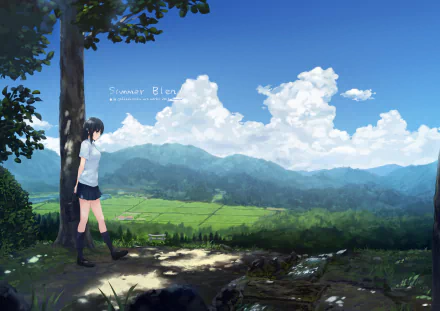 A young girl stands on a path, gazing at a lush green landscape under a bright blue sky, featuring fluffy clouds, in this original anime-style HD desktop wallpaper.