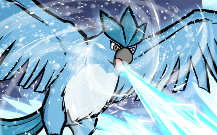 Anime-style Articuno from Pokémon unleashes a powerful ice attack, set against a swirling snowy background. This vibrant 4K Ultra HD wallpaper captures dynamic motion and color.
