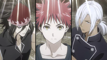 Three characters from Food Wars: Shokugeki no Soma stand together: Akira Hayama, Sōma Yukihira, and Ryō Kurokiba, showcasing their determination in a high-stakes culinary competition.