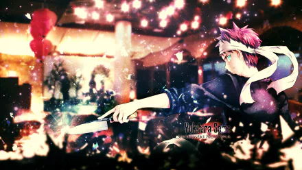 Sōma Yukihira from Food Wars: Shokugeki no Soma wields a knife in a dynamic scene, set against a vibrant, animated background filled with sparkles and culinary energy.