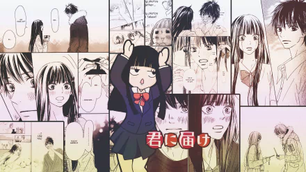 A vibrant HD desktop wallpaper featuring Shota Kazehaya and Sawako Kuronuma from the anime Kimi Ni Todoke, showcasing key scenes and emotional moments from the series.
