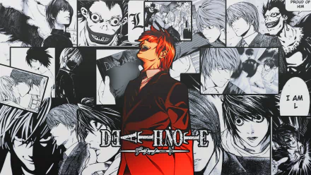 HD desktop wallpaper featuring Light Yagami from the anime Death Note, surrounded by iconic characters and scenes in a striking black and white design.