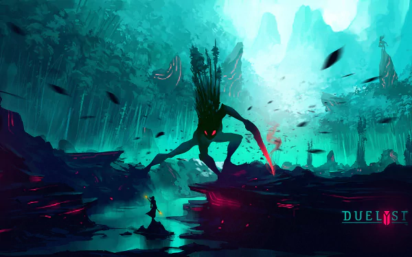 HD PC desktop wallpaper from the video game Duelyst, featuring a dark, towering creature with glowing red eyes in an eerie, blue-lit landscape.