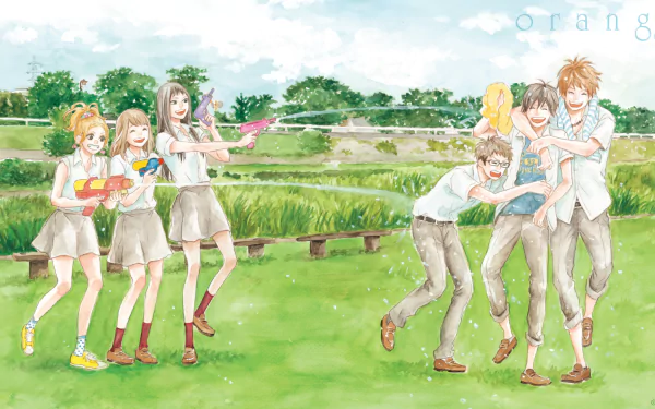 A vibrant HD wallpaper featuring characters Takako Chino, Saku Hagita, Naho Takamiya, Kakeru Naruse, Hiroto Suwa, and Azusa Murasaka from the anime orange, playfully enjoying a day outdoors.