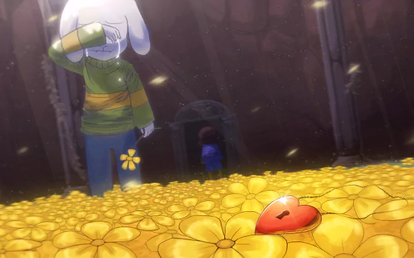 HD desktop wallpaper featuring Asriel and Frisk from the video game Undertale, standing in a field of yellow flowers with a red heart-shaped object on the ground.