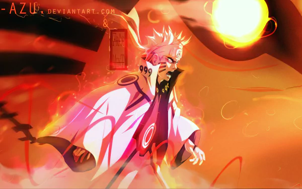 Kyūbi Naruto Uzumaki stands boldly against a fiery backdrop, showcasing a dynamic and vibrant anime design in this HD desktop wallpaper.