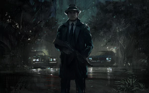 A dark, atmospheric scene from Mafia III, featuring a man in a trench coat and fedora, holding a gun, with vintage cars illuminated in the background. 4K Ultra HD wallpaper.