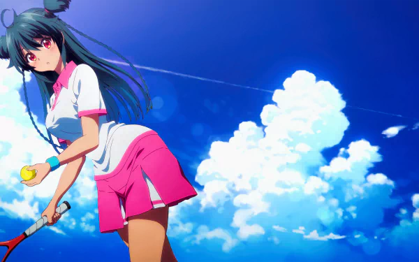 Ruru from Myriad Colors Phantom World plays tennis against a vibrant blue sky filled with fluffy clouds. This HD wallpaper captures her dynamic pose and colorful attire.