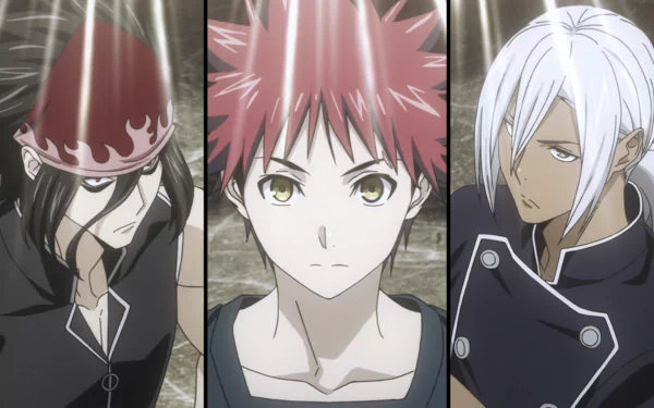 Three characters from Food Wars: Shokugeki no Soma stand together: Akira Hayama, Sōma Yukihira, and Ryō Kurokiba, showcasing their determination in a high-stakes culinary competition.
