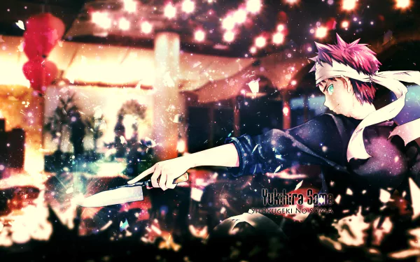 Sōma Yukihira from Food Wars: Shokugeki no Soma wields a knife in a dynamic scene, set against a vibrant, animated background filled with sparkles and culinary energy.