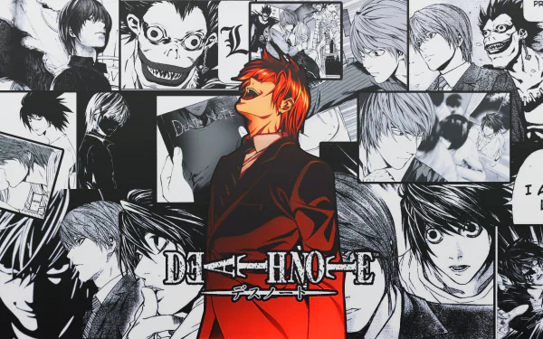 HD desktop wallpaper featuring Light Yagami from the anime Death Note, surrounded by iconic characters and scenes in a striking black and white design.