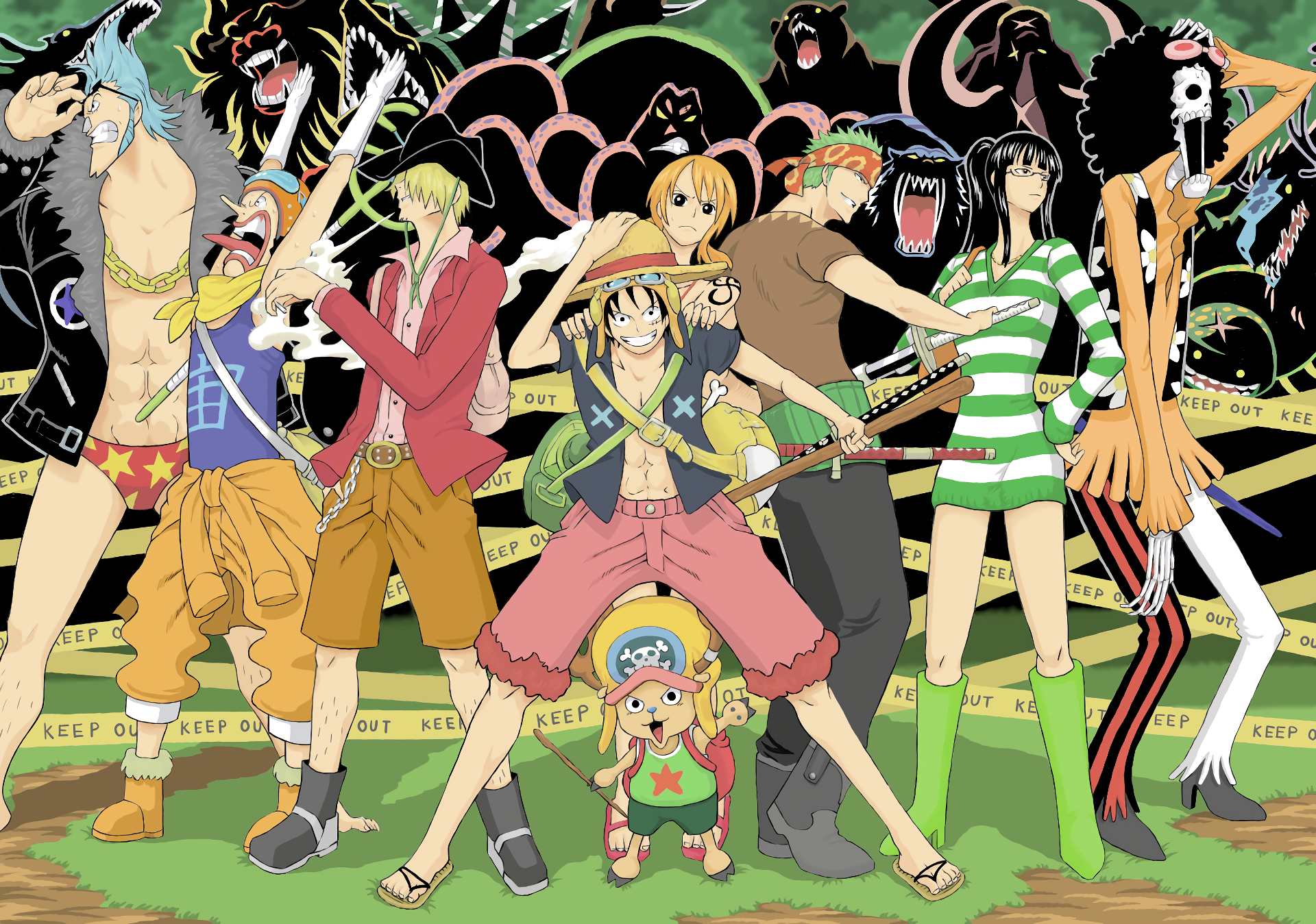 A vibrant HD wallpaper featuring characters from One Piece: Monkey D. Luffy, Nami, Sanji, Roronoa Zoro, Usopp, Tony Tony Chopper, Brook, and Franky against a dynamic background.