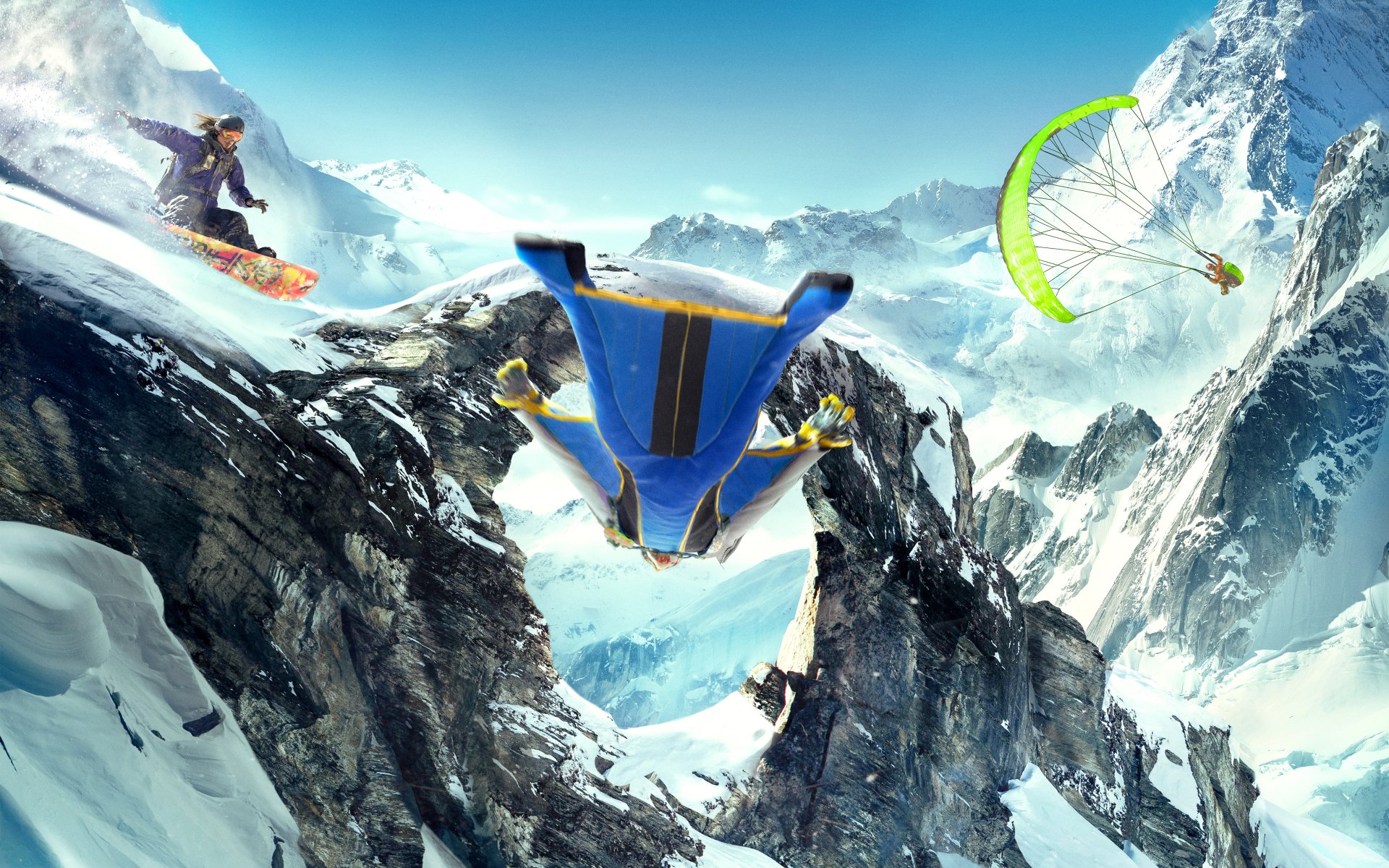 Steep video game 4K Ultra HD PC wallpaper: wingsuit flyer between snowy alpine cliffs, snowboarder and paraglider racing the wind — high-altitude skydiving over jagged peaks.