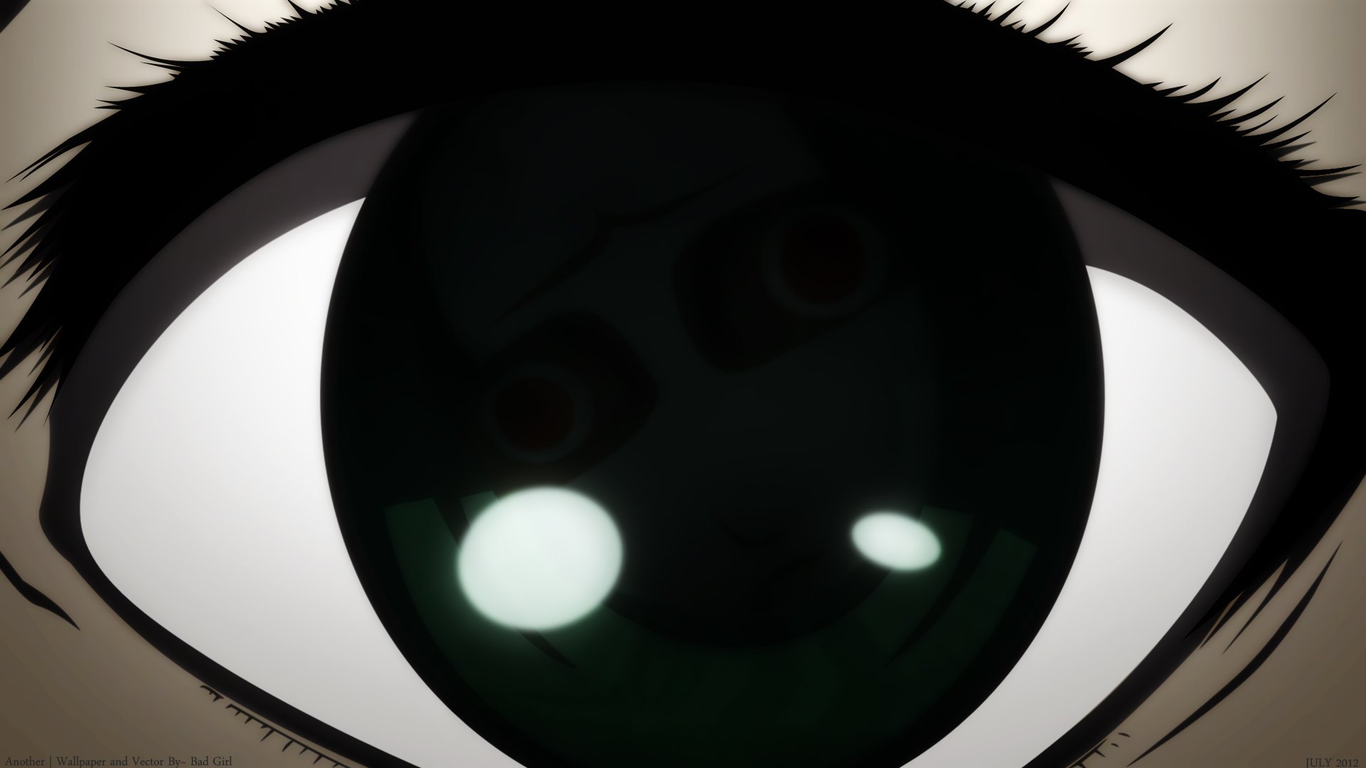 Close-up anime eye with a faint, eerie face reflected in the pupil, featured in an HD PC desktop wallpaper from the series Another.