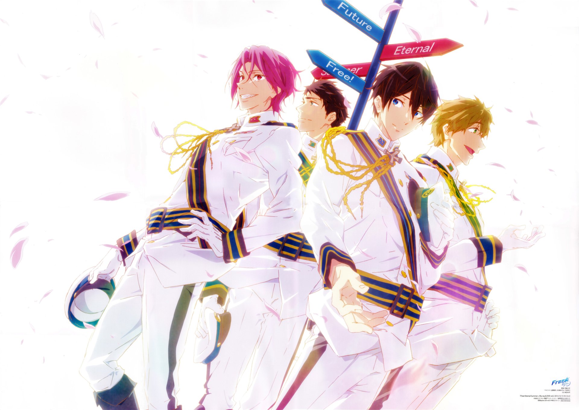 HD PC desktop wallpaper featuring vibrant anime characters from Free! in stylish white uniforms, set against a bright, light-filled background with colorful signposts.