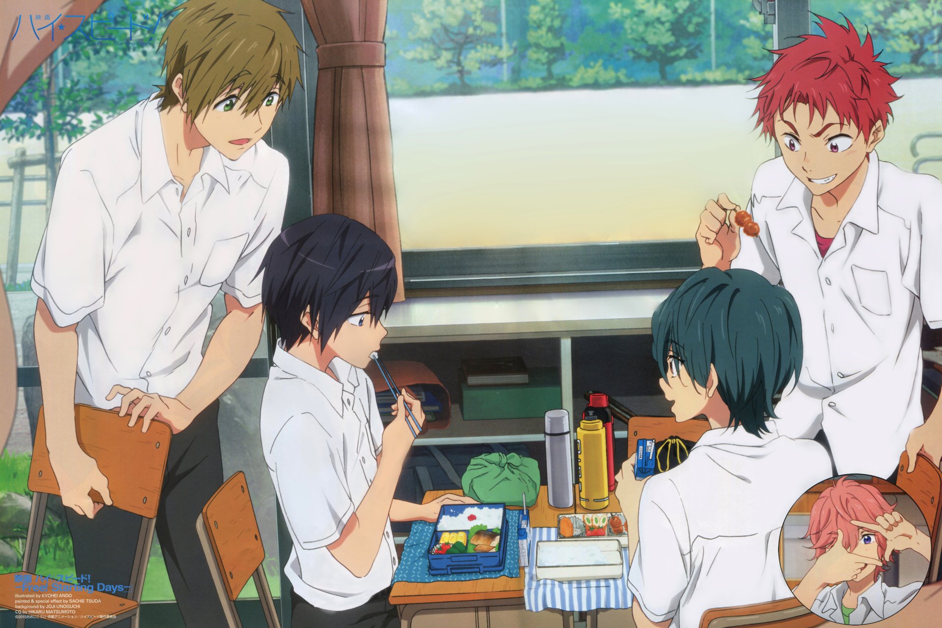 4K Ultra HD anime wallpaper from Free! showing four schoolboys in white shirts gathered around a table with lunchboxes and drinks in a bright classroom setting.