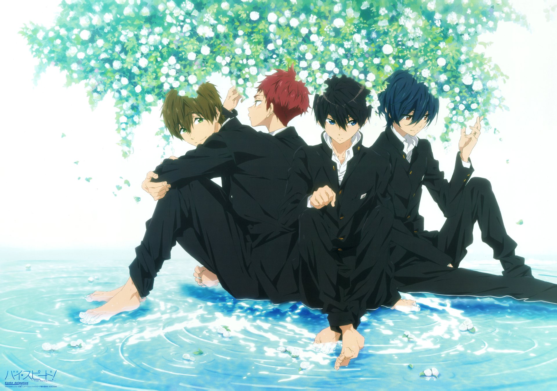 Anime scene from Free! featuring four boys in black suits sitting by water under blooming flowers, rendered as a 4K Ultra HD PC Desktop Wallpaper and Background.