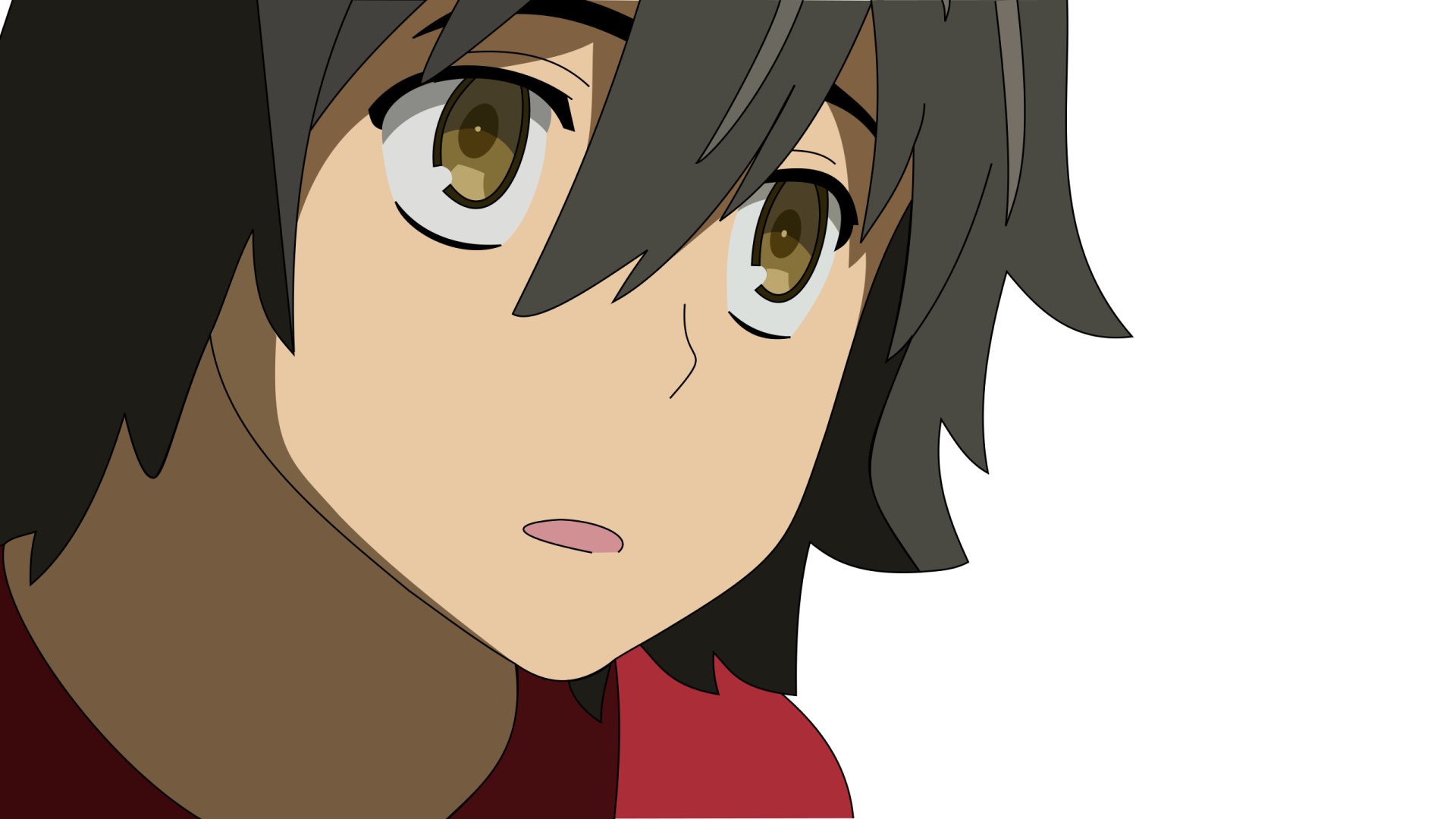HD PC desktop wallpaper featuring a close-up of an AnoHana anime character with expressive brown eyes and dark hair against a black background.