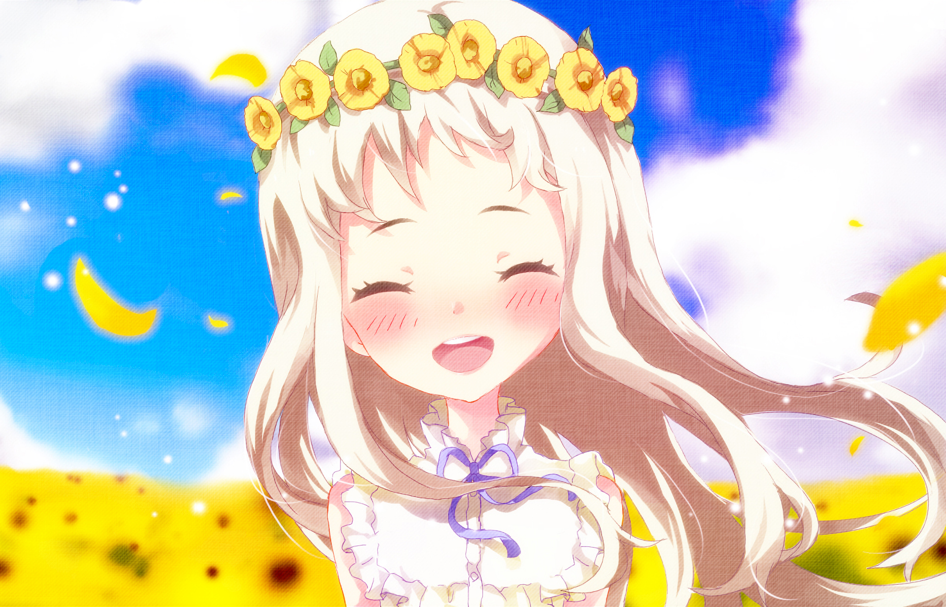 HD PC desktop wallpaper featuring a smiling anime girl from Anohana wearing a yellow flower crown against a bright blue sky and sunflower field background.