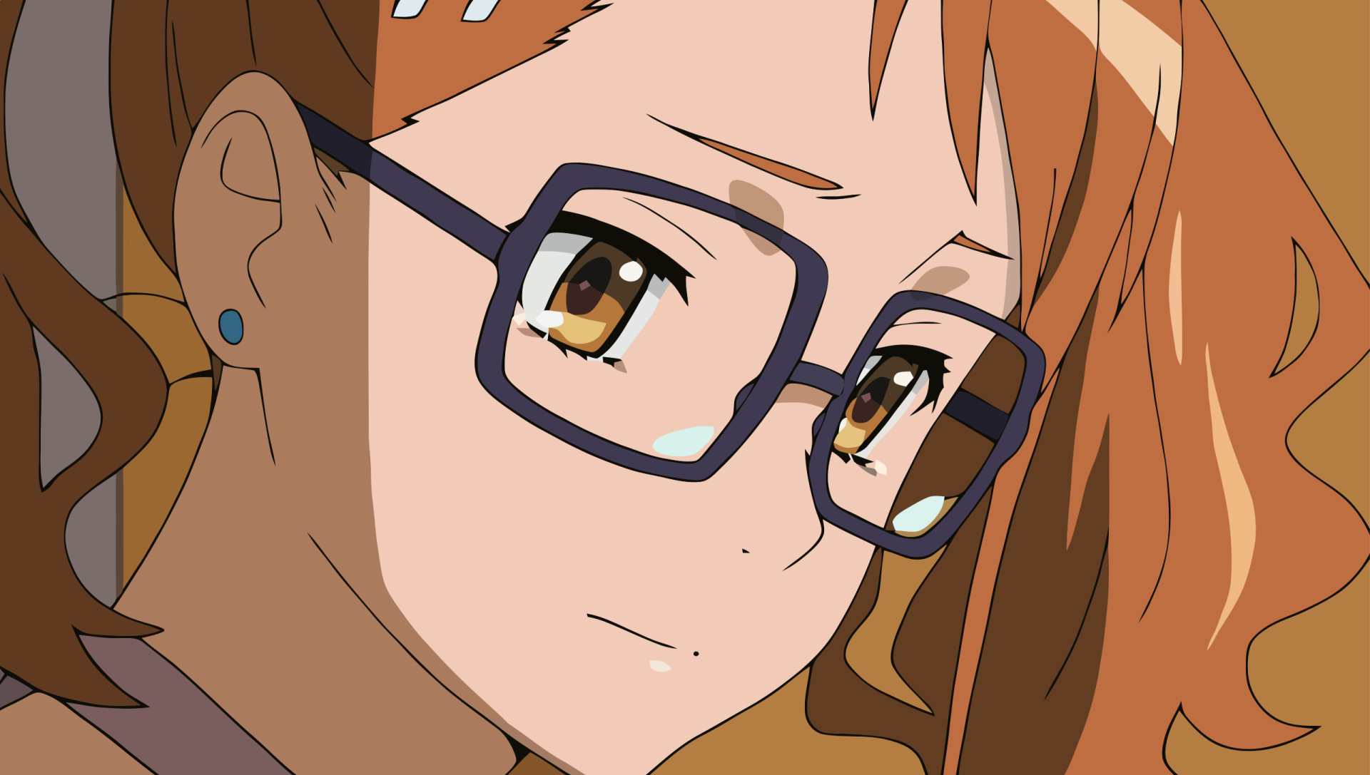 Close-up of a female anime character with glasses and brown hair from Anohana, featured in an HD PC desktop wallpaper.