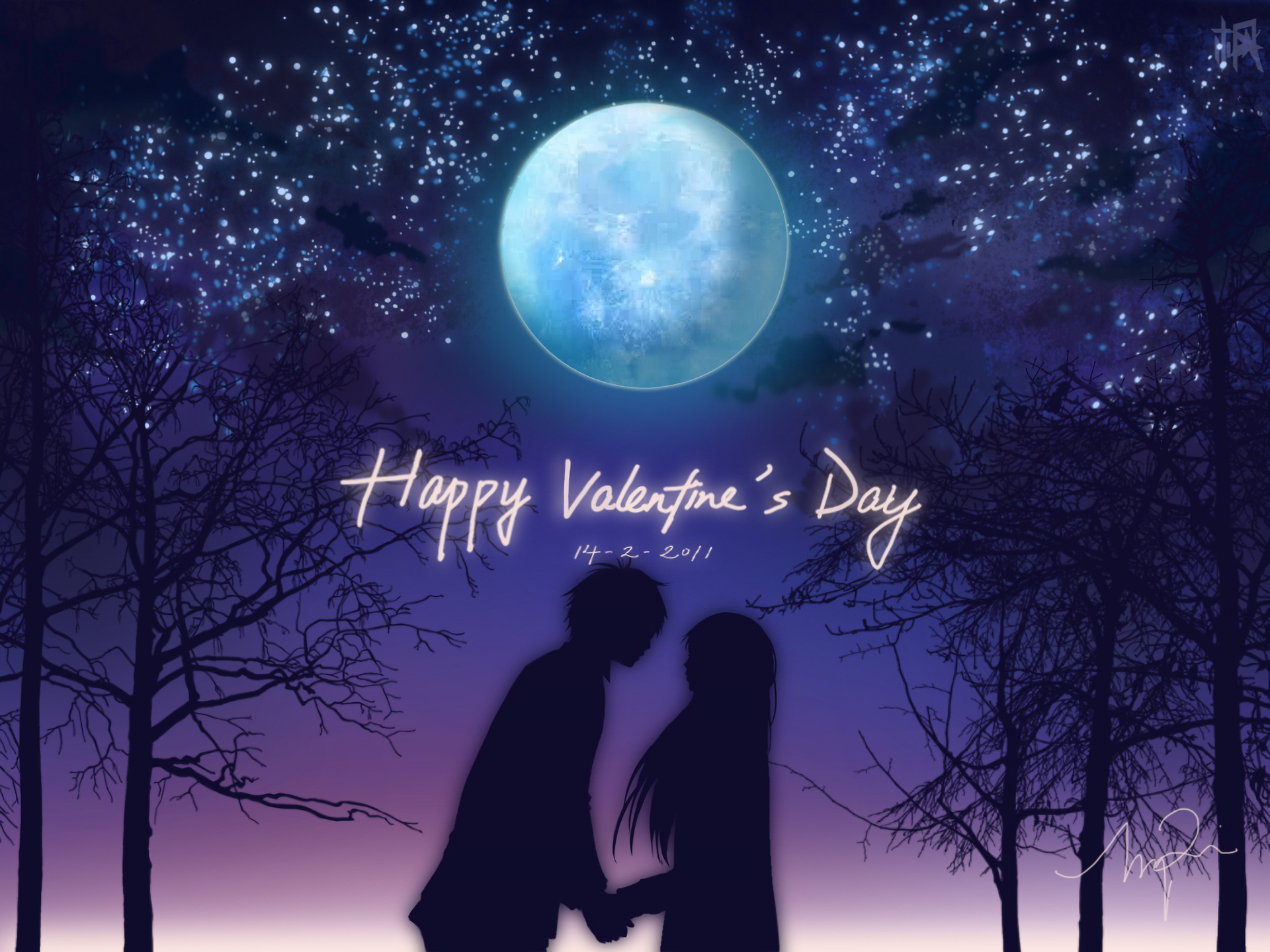 HD anime desktop wallpaper featuring Shota Kazehaya and Sawako Kuronuma from Kimi Ni Todoke under a glowing full moon with Happy Valentine’s Day text.