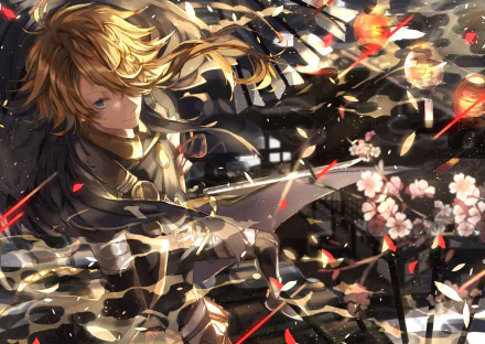 HD desktop wallpaper featuring a dynamic Touken Ranbu character wielding a sword amid cherry blossoms and glowing embers, inspired by the video game.