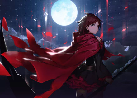 A stunning HD desktop wallpaper featuring Ruby Rose from the anime RWBY, standing under a bright full moon with red petals swirling around her in the night sky.