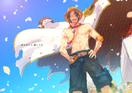 Vibrant HD wallpaper featuring Portgas D. Ace from the anime One Piece, showcasing his confident pose with a backdrop of blue skies and falling petals.