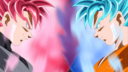HD desktop wallpaper featuring Black Goku in Super Saiyan Rosé form facing Goku in Super Saiyan Blue form, from the anime series Dragon Ball Super. The background shows vibrant pink and blue auras.