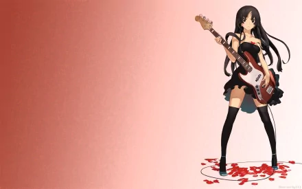 A vibrant HD desktop wallpaper featuring Mio Akiyama from K-ON!, showcasing her with a bass guitar against a gradient background with rose petals.