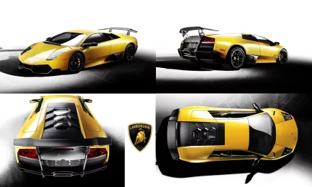 HD wallpaper featuring multiple angles of a yellow Lamborghini Murcielago against a white and black background, showcasing its sleek design. The Lamborghini emblem is also displayed prominently.