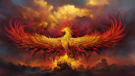 HD wallpaper depicting a vibrant, fiery phoenix with outstretched wings against an orange and cloud-filled sky, blending elements of fire, fantasy, and bird imagery.