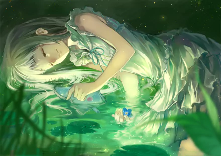 A serene HD anime wallpaper from Anohana, depicting a girl peacefully resting in a lush green setting, surrounded by shimmering water and soft, ethereal light.