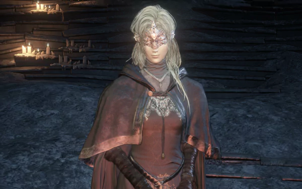 Video game Dark Souls III 4K Ultra HD PC desktop wallpaper: veiled silver‑haired woman in a red cloak stands in a candlelit stone chamber.
