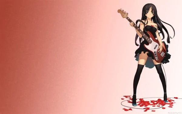 A vibrant HD desktop wallpaper featuring Mio Akiyama from K-ON!, showcasing her with a bass guitar against a gradient background with rose petals.